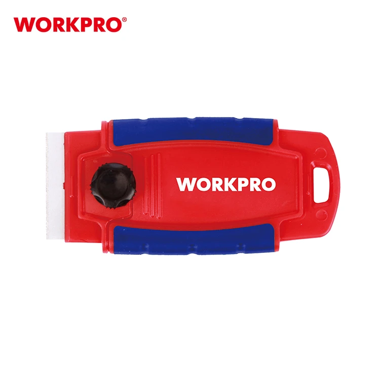 product-750-750 WORKPRO WP219003 razor blade scraper laid horizontally with an exposed blade, black retaining knob and red-and-blue body