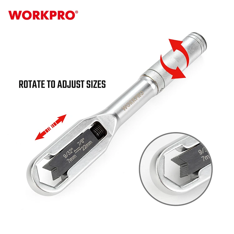 WORKPRO WP272015 universal adjustable wrench with rotation arrows on the handle and an inset of the adjustable head