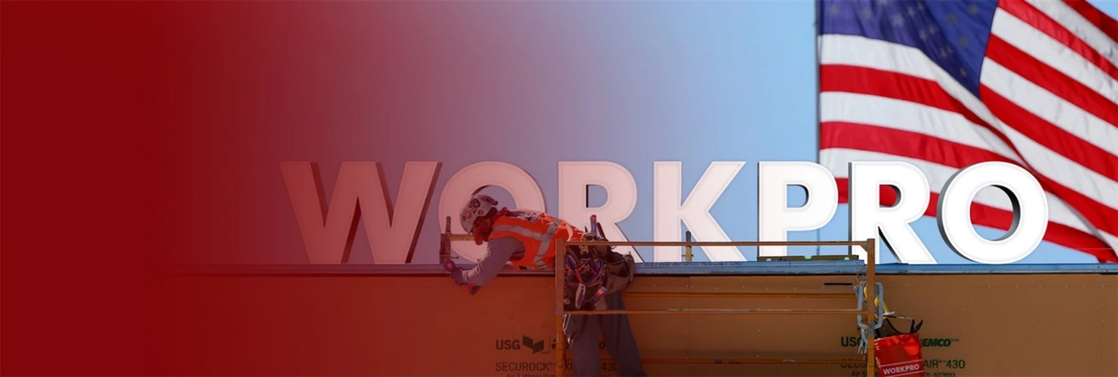 WORKPRO lettering beside a US flag set against an image showing tools in use