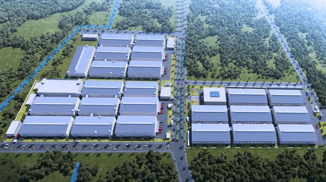WORKPRO industrial park rendering in Vietnam with two groups of factory buildings separated by a central road WORKPRO industrial park rendering in Vietnam with two groups of factory buildings separated by a central road
