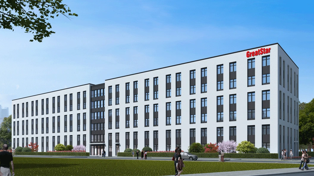 WORKPRO laser facility rendering in China with a white office facade, tall windows and GreatStar signage WORKPRO laser facility rendering in China with a white office facade, tall windows and GreatStar signage