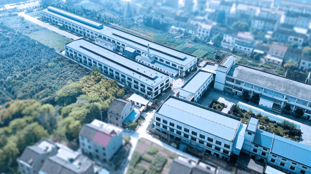 WORKPRO measuring tool facility in China with long factory buildings surrounded by trees, seen from above WORKPRO measuring tool facility in China with long factory buildings surrounded by trees, seen from above