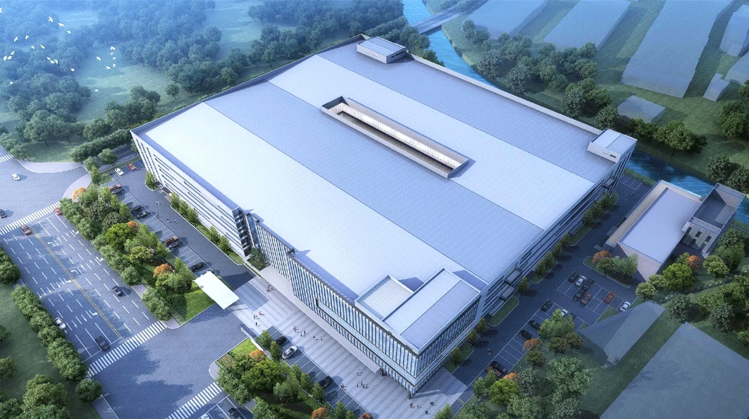 WORKPRO industrial building rendering in China with a broad white roof, a central skylight and perimeter roads WORKPRO industrial building rendering in China with a broad white roof, a central skylight and perimeter roads