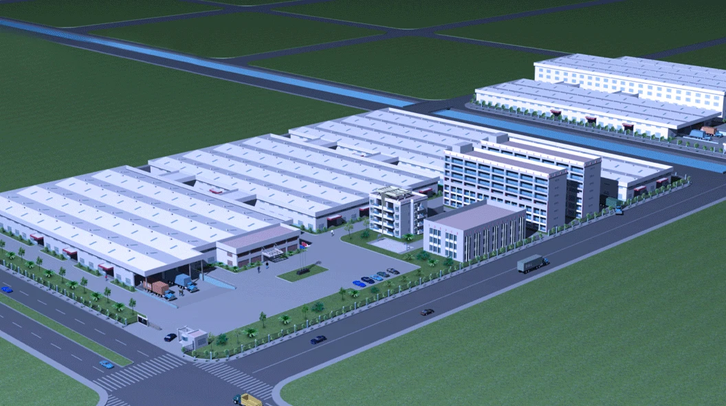 WORKPRO Geelong factory complex rendering in China with white-roofed production halls, office buildings and loading bays WORKPRO Geelong factory complex rendering in China with white-roofed production halls, office buildings and loading bays