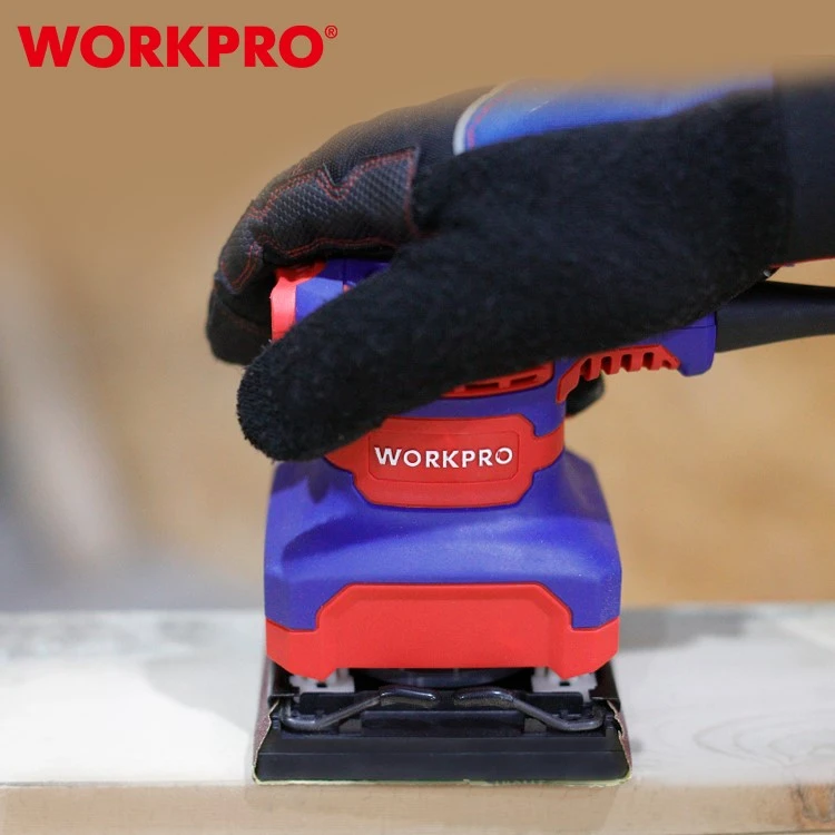 WP472400-6 WORKPRO WP472400 palm sander pressed against a wooden surface